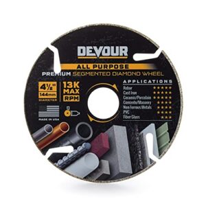 devour 4.5" all purpose segmented diamond blade for cutting rebar, cast iron, concrete, pavers, tile, granite, laminate, pvc & more, made in usa, 7/8" arbor & comes with a 5/8" reducer ring