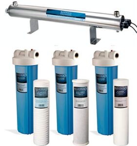 bluonics 110w uv ultraviolet light plus sediment and carbon well water filter purifier system with npt 1" ports, 24 gpm uv sterilizer with 3 filter size 4.5” x 20" filters