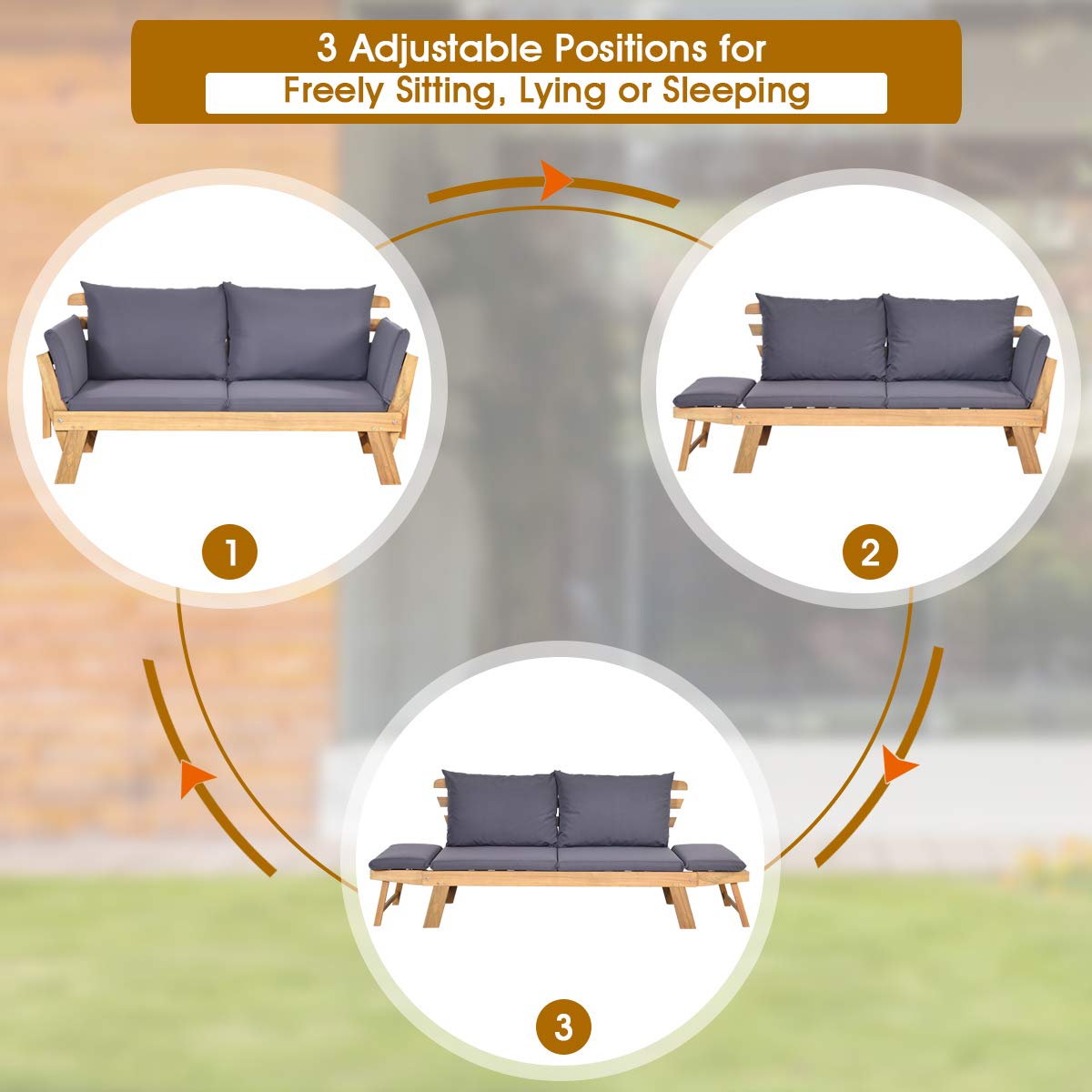 Tangkula Acacia Wood Patio Convertible Couch Sofa Bed with Adjustable Armrest, Outdoor Daybed with Cushion & Pillow, Folding Chaise Lounge Bench Ideal for Porch Courtyard Poolside (Dark Grey)