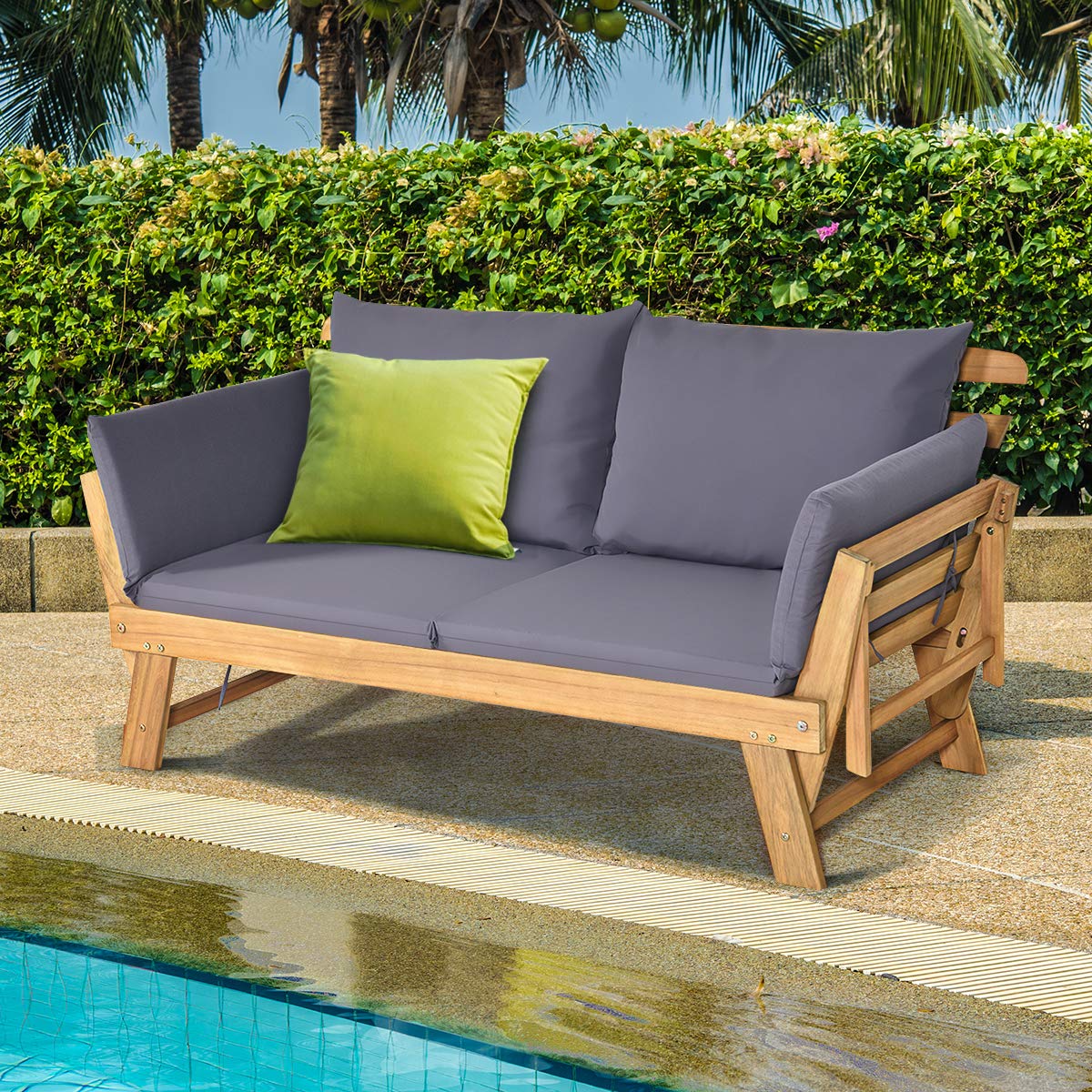 Tangkula Acacia Wood Patio Convertible Couch Sofa Bed with Adjustable Armrest, Outdoor Daybed with Cushion & Pillow, Folding Chaise Lounge Bench Ideal for Porch Courtyard Poolside (Dark Grey)