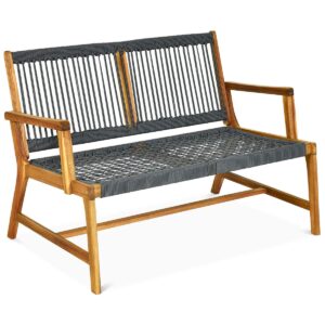 tangkula 2-person patio acacia wood bench loveseat chair, outdoor patio bench acacia wood bench in teak oil finish, patio loveseat rope bench for balcony deck poolside porch (grey)