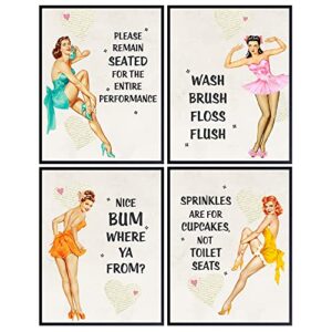 bathroom decor for women - bathroom wall art - funny vintage restroom decorations for powder room, bath - cute unique housewarming gift set