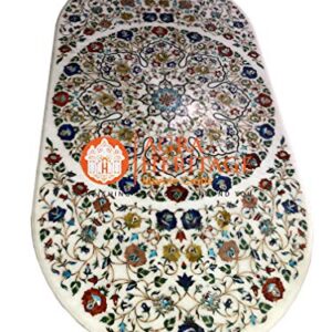 White Marble Big Dining Conference Table Top Multi Inlay Floral Handicraft Art | 72"x36" Inches