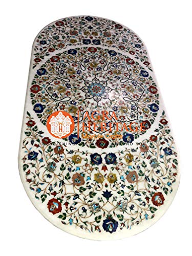 White Marble Big Dining Conference Table Top Multi Inlay Floral Handicraft Art | 72"x36" Inches