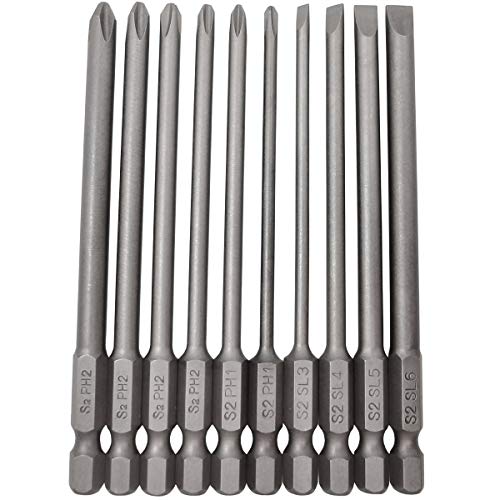 YDLQWCZ Long Slotted Head and Cross Phillips Screwdriver Bit Sets with 1/4 Inch Hex Shank 4 inch Lenght 4pcs Slotted Head and 6pcs Philips Cross Head Screw Driver Bits (10Pcs Slotted + Cross 100mm)