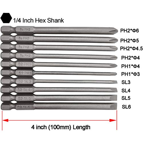 YDLQWCZ Long Slotted Head and Cross Phillips Screwdriver Bit Sets with 1/4 Inch Hex Shank 4 inch Lenght 4pcs Slotted Head and 6pcs Philips Cross Head Screw Driver Bits (10Pcs Slotted + Cross 100mm)