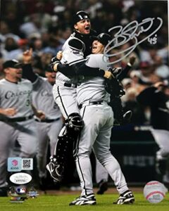 bobby jenks hugging a.j. pierzynski chicago white sox signed autographed 2005 world series 8x10 photo with jsa coa, verified by blocks