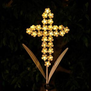 WSgift White Cross Garden Stake Solar Lights Metal Hydrangea Cross Stake Memorial Gift w/ 28 Solar LEDs Solar Cross Lights Perfect as Cross Remembrance Gifts & Sympathy Gifts (10" W x 40" H)