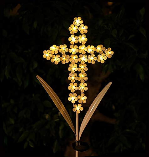 WSgift White Cross Garden Stake Solar Lights Metal Hydrangea Cross Stake Memorial Gift w/ 28 Solar LEDs Solar Cross Lights Perfect as Cross Remembrance Gifts & Sympathy Gifts (10" W x 40" H)