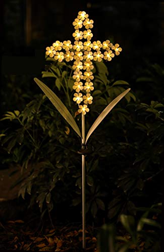 WSgift White Cross Garden Stake Solar Lights Metal Hydrangea Cross Stake Memorial Gift w/ 28 Solar LEDs Solar Cross Lights Perfect as Cross Remembrance Gifts & Sympathy Gifts (10" W x 40" H)