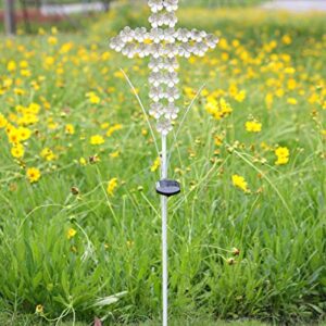 WSgift White Cross Garden Stake Solar Lights Metal Hydrangea Cross Stake Memorial Gift w/ 28 Solar LEDs Solar Cross Lights Perfect as Cross Remembrance Gifts & Sympathy Gifts (10" W x 40" H)