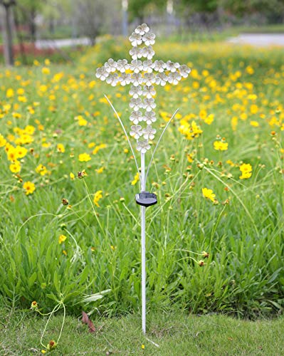 WSgift White Cross Garden Stake Solar Lights Metal Hydrangea Cross Stake Memorial Gift w/ 28 Solar LEDs Solar Cross Lights Perfect as Cross Remembrance Gifts & Sympathy Gifts (10" W x 40" H)