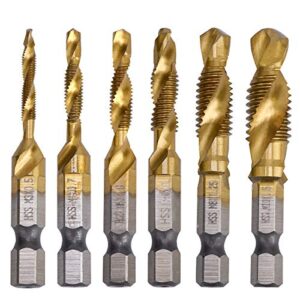 ydlqwcz combination drill tap bit set 6 piece hex shank quick change hss titanium coated spiral tap drill bit include m3 m4 m5 m6 m8 m10 spiral screw tap set