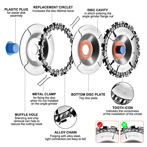 Wood Carving Disc(Replacement Chain)&Grinding Wheel Shaping Disc,Anti-Kickback DoubleSaw Teeth Shaper,5/8 In Inner Diameter, Angle Grinder Attachment for Wood Cutting (4"or4-1/2"),Cut Resistant Gloves