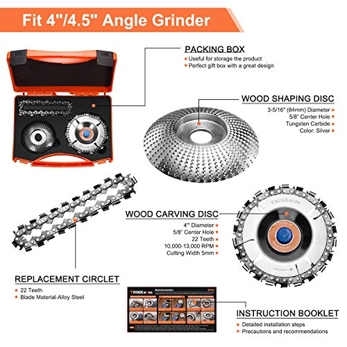 Wood Carving Disc(Replacement Chain)&Grinding Wheel Shaping Disc,Anti-Kickback DoubleSaw Teeth Shaper,5/8 In Inner Diameter, Angle Grinder Attachment for Wood Cutting (4"or4-1/2"),Cut Resistant Gloves