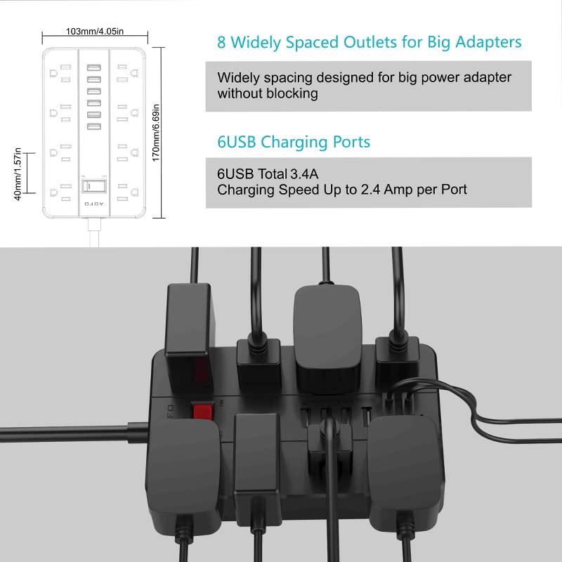 Power Strip with USB,AOFO Extension Cord 8 Widely Spaced Outlets and 6 USB Charging Ports Surge Protector for iPhone iPad PC Home Office Travel, 5 Feet Long Cord, Black