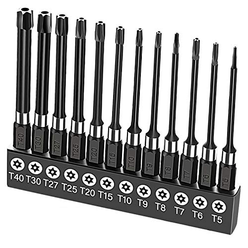 HAIKUSOUBI Torx Head Screwdriver Bit Set, 1/4 Inch Magnetic Hex Shank 3 Inch Long Drill Bits，12pcs Tamper Resistant Star Bits Set S2 Steel, T5 T6 T7 T8 T9 T10 T15 T20 T25 T27 T30 T40 (12 pieces)