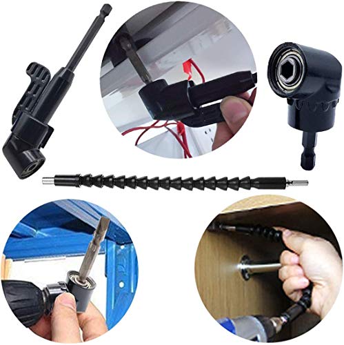 QISF 2Pcs Black 105 Degree 1/4 Inch Right Angle Drill Adapter Hex Shank Screwdriver Angled Bit Holder Extension Power Drill Tool + 1/4 inch Hexagon Flexible Screwdriver & Drill Extension Soft Shaft