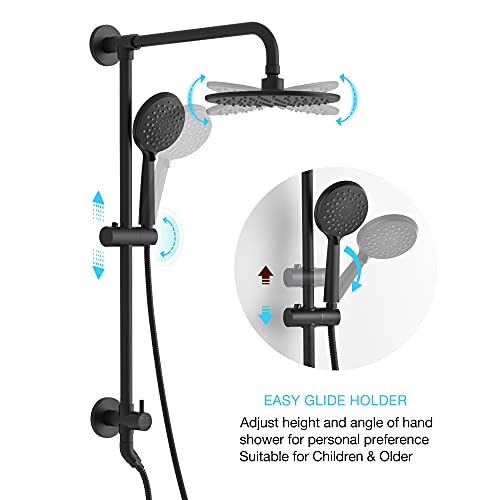 SOKA 9 Inch Rain Shower Head with Handheld Shower Head Bathroom Rain Shower System Dual Shower Combo 3-Setting Handheld Sprayer with Shower Hose Bathroom Shower Faucet Set with Slide Bar Matte Black