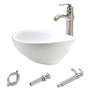 oval bathroom vessel sink and faucet combo -hlblfy 16"x13" above counter white ceramic porcelain ceramic bathroom vessel sink,with brushed nickel single lever faucet matching pop up drain combo