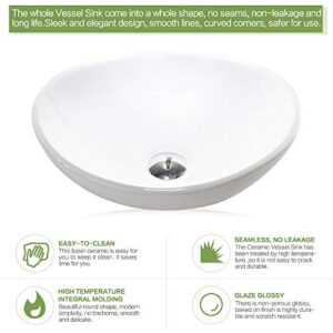 Oval Bathroom Vessel Sink and Faucet Combo -HLBLFY 16"x13" Above Counter White Ceramic Porcelain Ceramic Bathroom Vessel Sink,with Brushed Nickel Single Lever Faucet Matching Pop Up Drain Combo
