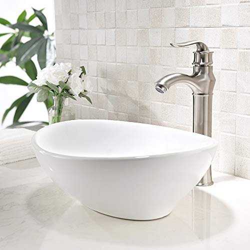 Oval Bathroom Vessel Sink and Faucet Combo -HLBLFY 16"x13" Above Counter White Ceramic Porcelain Ceramic Bathroom Vessel Sink,with Brushed Nickel Single Lever Faucet Matching Pop Up Drain Combo