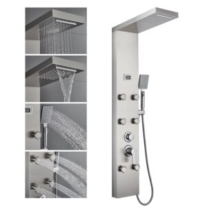 rovogo shower panel system with 6 body jets, rainfall waterfall shower head and handheld, shower tower column with temperature display in brushed stainless steel