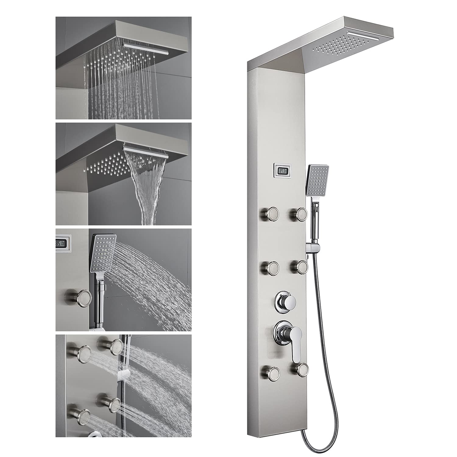 ROVOGO Shower Panel System with 6 Body Jets, Rainfall Waterfall Shower Head and Handheld, Shower Tower Column with Temperature Display in Brushed Stainless Steel