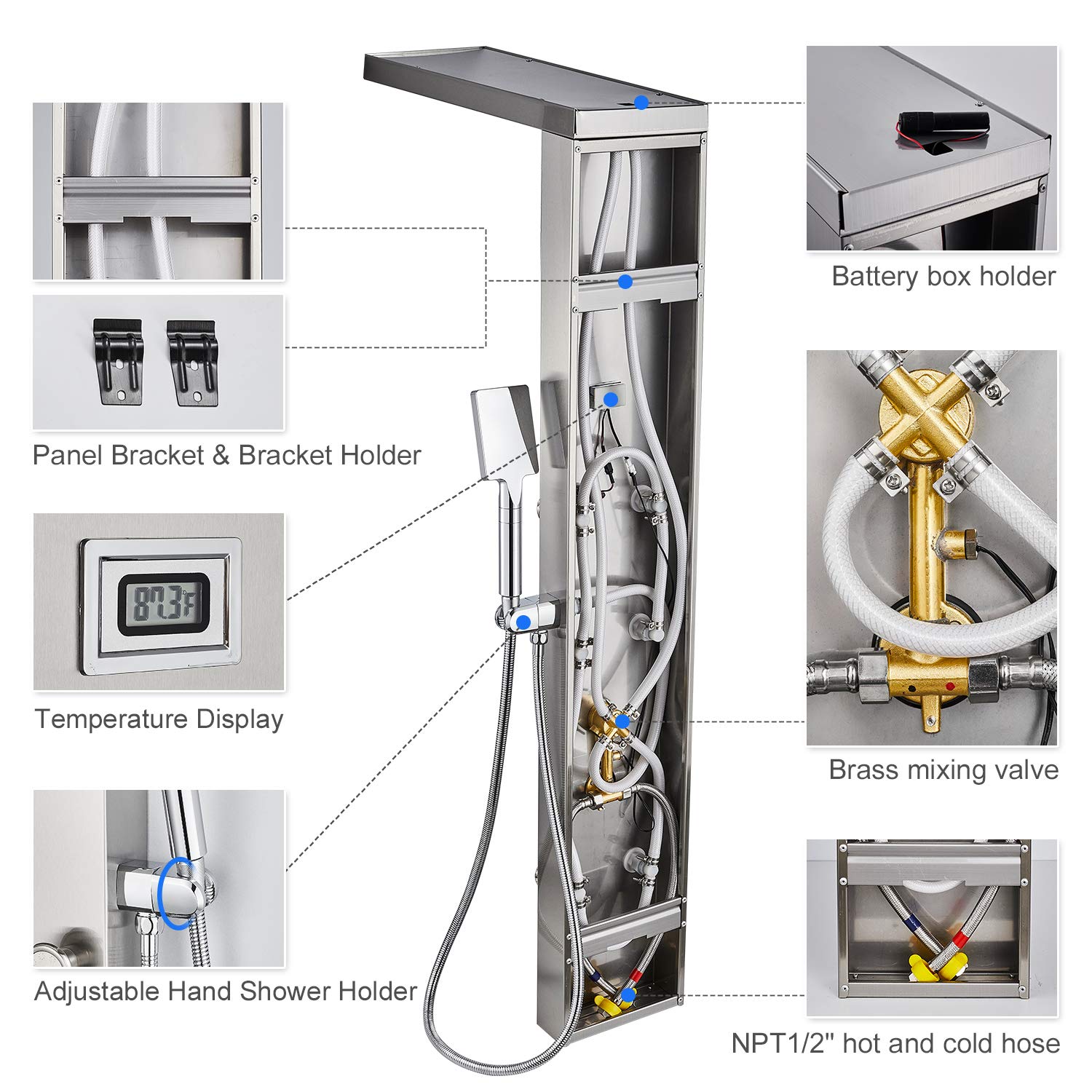 ROVOGO Shower Panel System with 6 Body Jets, Rainfall Waterfall Shower Head and Handheld, Shower Tower Column with Temperature Display in Brushed Stainless Steel