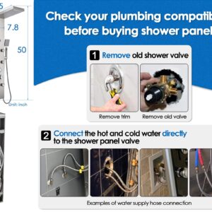 ROVOGO Shower Panel System with 6 Body Jets, Rainfall Waterfall Shower Head and Handheld, Shower Tower Column with Temperature Display in Brushed Stainless Steel