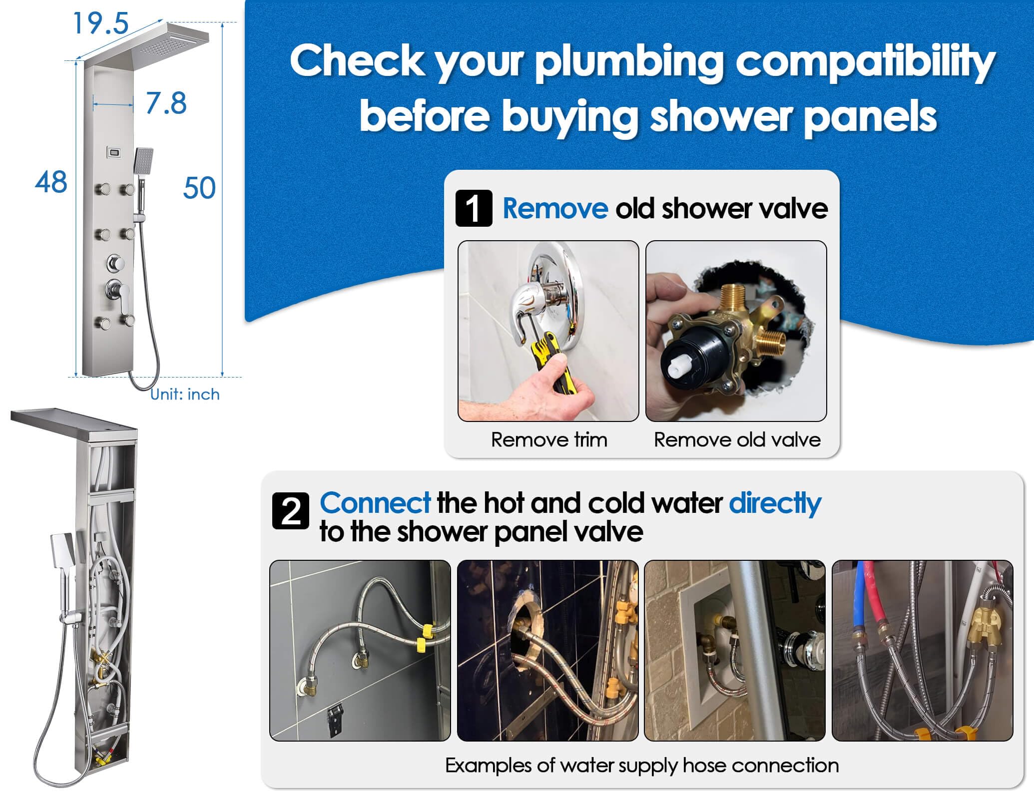 ROVOGO Shower Panel System with 6 Body Jets, Rainfall Waterfall Shower Head and Handheld, Shower Tower Column with Temperature Display in Brushed Stainless Steel