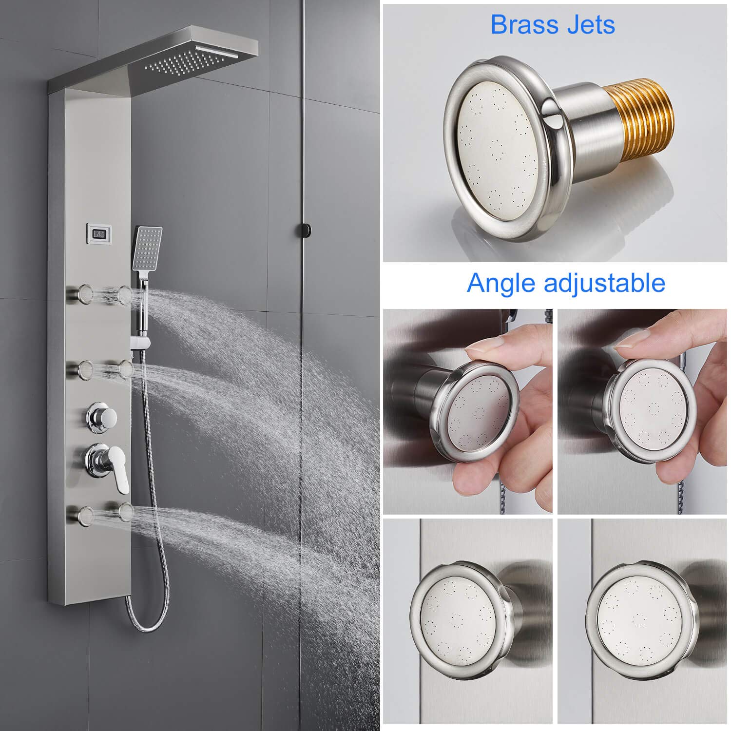 ROVOGO Shower Panel System with 6 Body Jets, Rainfall Waterfall Shower Head and Handheld, Shower Tower Column with Temperature Display in Brushed Stainless Steel