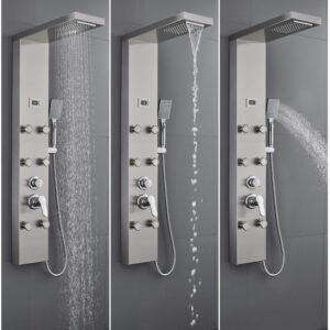 ROVOGO Shower Panel System with 6 Body Jets, Rainfall Waterfall Shower Head and Handheld, Shower Tower Column with Temperature Display in Brushed Stainless Steel