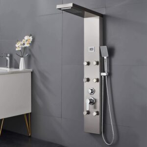 ROVOGO Shower Panel System with 6 Body Jets, Rainfall Waterfall Shower Head and Handheld, Shower Tower Column with Temperature Display in Brushed Stainless Steel