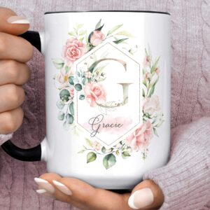 pink roses floral monogram initial coffee mug | pretty spring floral bridesmaid gift microwave dishwasher safe personalized cup