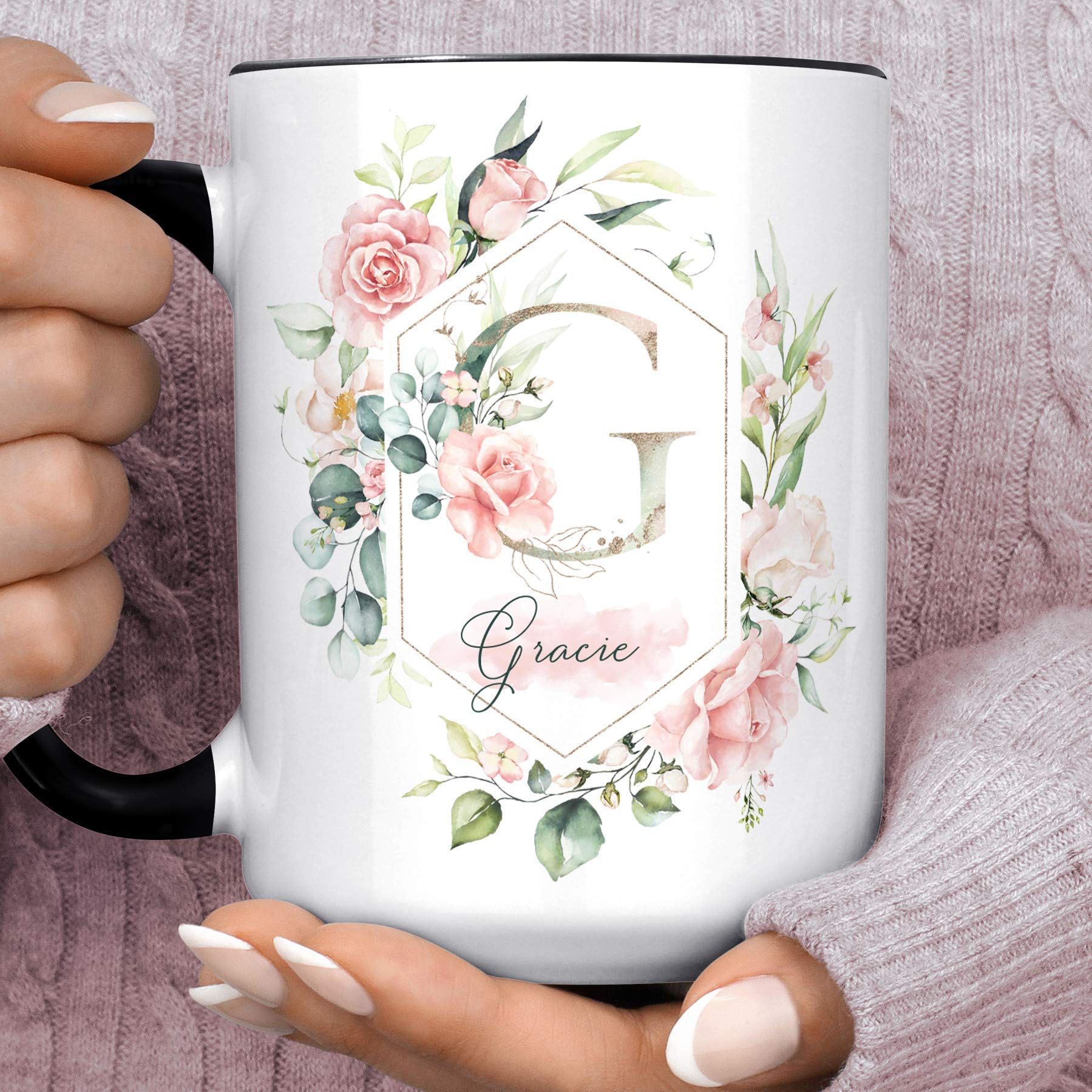 Pink Roses Floral Monogram Initial Coffee Mug | Pretty Spring Floral Bridesmaid Gift Microwave Dishwasher Safe Personalized Cup