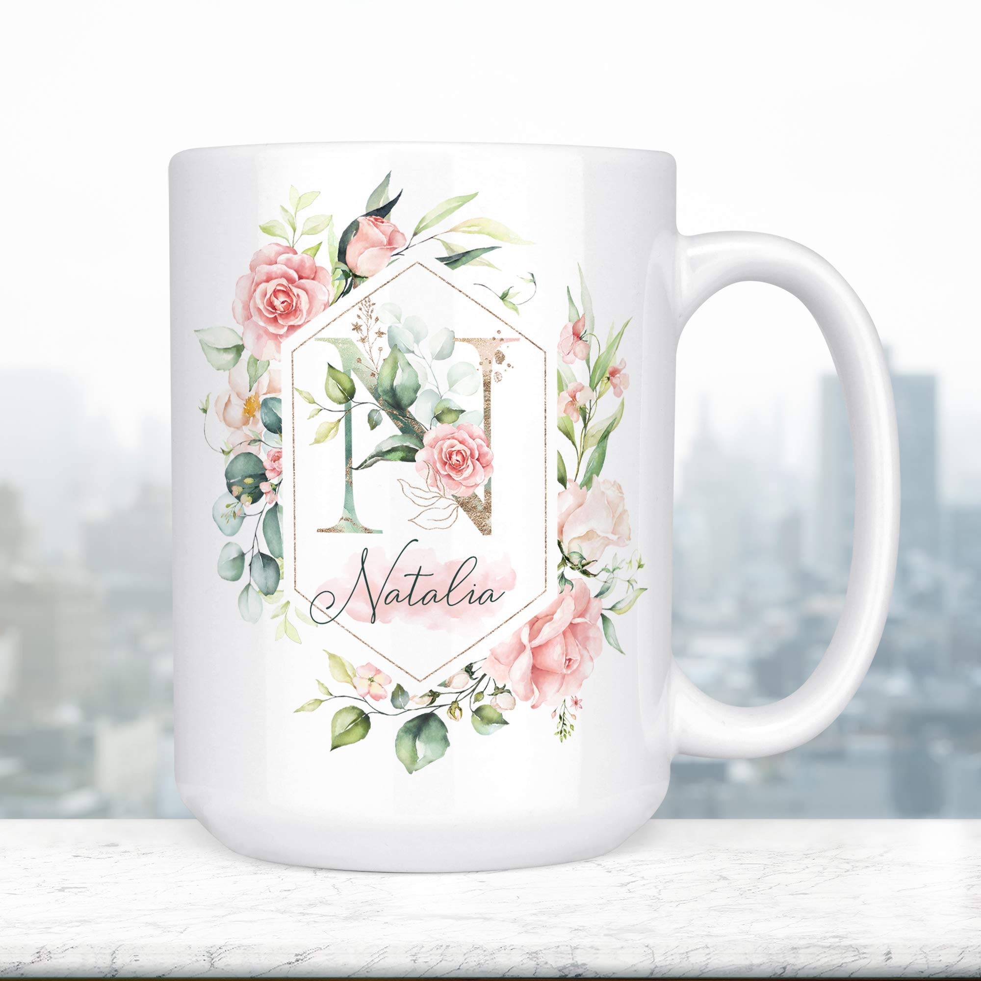 Pink Roses Floral Monogram Initial Coffee Mug | Pretty Spring Floral Bridesmaid Gift Microwave Dishwasher Safe Personalized Cup
