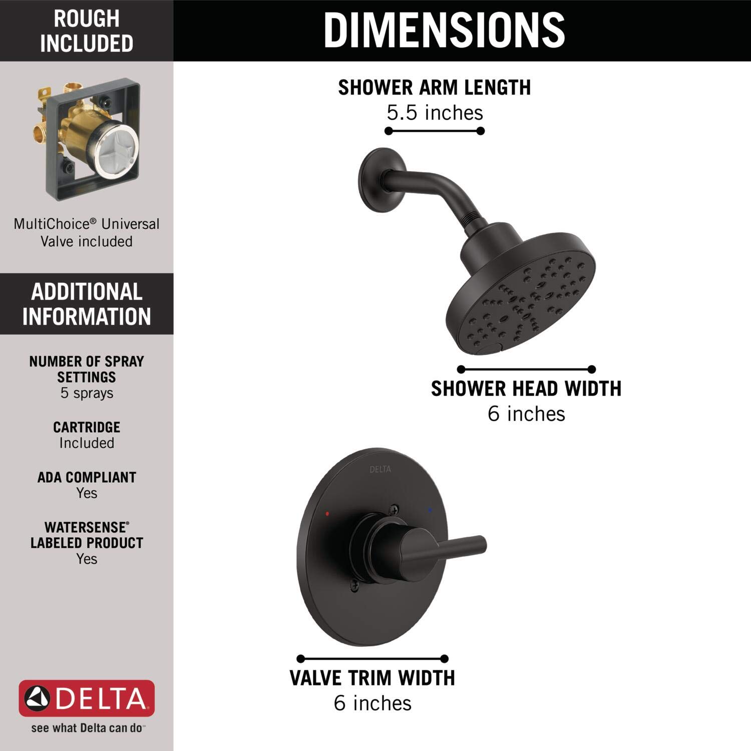 Delta Faucet Nicoli 14 Series Single-Handle Shower Faucet, Shower Trim Kit with 5-Spray H2Okinetic Shower Head, Matte Black 142749-BL (Shower Valve Included)