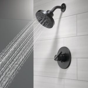 Delta Faucet Nicoli 14 Series Single-Handle Shower Faucet, Shower Trim Kit with 5-Spray H2Okinetic Shower Head, Matte Black 142749-BL (Shower Valve Included)