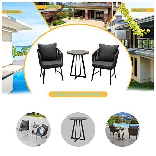LOKATSE HOME Outdoor 3 Piece Bistro Set Patio Wicker Modern Balcony Furniture Include 2 Chairs with Seat and Back Cushions and 1 Coffee, Black Table Top