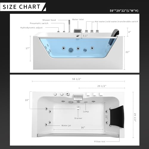 Empava 59 in. Acrylic Alcove Whirlpool Bathtub - Hydromassage Rectangular Jetted Soaking Tub with Center Drain - Waterfall Faucet