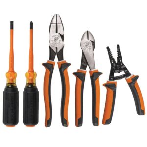klein tools 94130 1000v insulated screwdriver tool set with #2 phillips and 1/4-inch cabinet slim tips, 2 pliers and wire stripper
