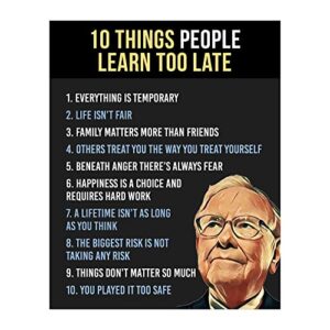 warren buffett quotes- ten things people learn too late- motivational wall art print with silhouette image, inspirational wall decor for home decor, office decor & school decor. unframed-8x10"