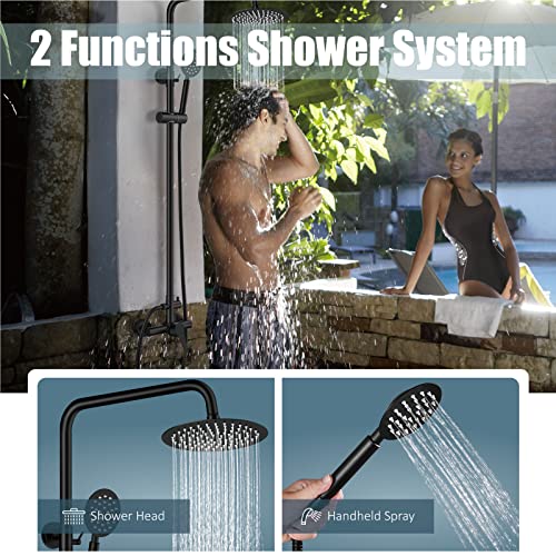 Aolemi Outdoor Shower Faucet Matte Black SUS304 Shower Fixture Combo Set Stainless Steel 8 inch Rainfall Shower Head Kit Single Handle High Pressure Hand Spray Wall Mount 2 Dual Function Single Handle