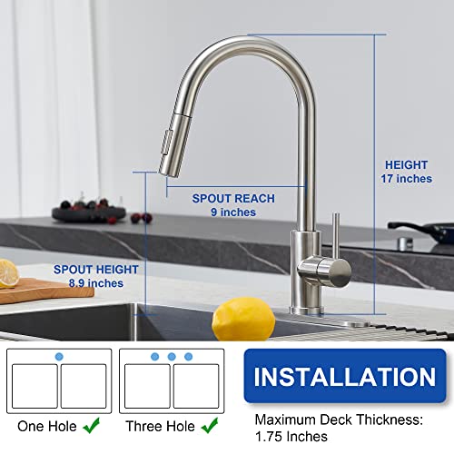 Tohlar Kitchen Sink Faucets with Pull-Down Sprayer, Modern Stainless Steel Single Handle Pull Down Sprayer Faucet with Deck Plate