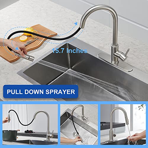 Tohlar Kitchen Sink Faucets with Pull-Down Sprayer, Modern Stainless Steel Single Handle Pull Down Sprayer Faucet with Deck Plate