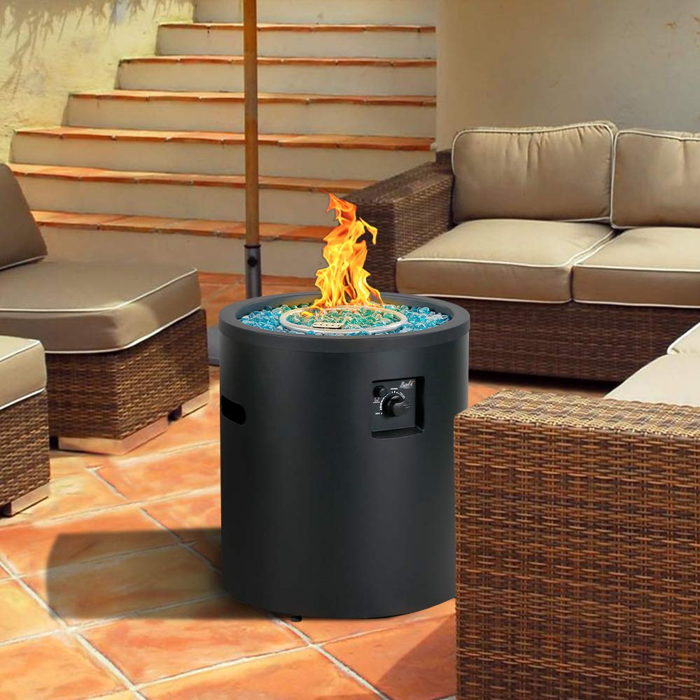 BALI OUTDOORS Gas Fire Pit Propane Fire Column, 23 Inch Cylinder Firepit, 50,000BTU Round Fire pits, Patio Fire Place W/ 22lb Blue Fire Glass, Black