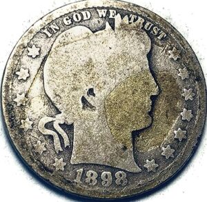 1898 o barber silver quarter seller about good
