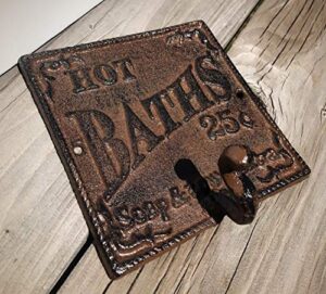 rustic hot bath sign towel hook - western bathroom decor with antique vintage style - farmhouse wall decor with french country appeal - cast iron hand and bath towel hanger with matching screws