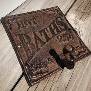 Rustic Hot Bath Sign Towel Hook - Western Bathroom Decor with Antique Vintage Style - Farmhouse Wall Decor with French Country Appeal - Cast Iron Hand and Bath Towel Hanger with Matching Screws